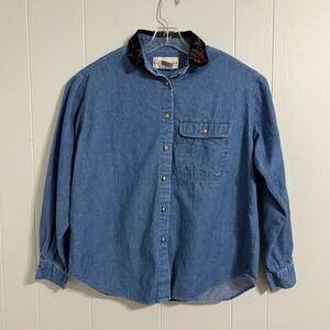 Christopher & Banks Denim Shirt Long Sleeve Embroidered Collar Holiday Top Large